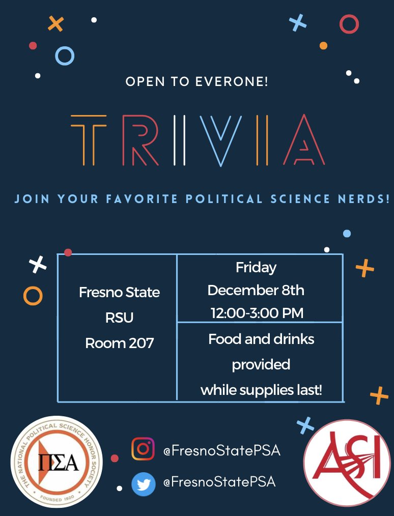Come one, come all and celebrate the end of the semester with us this Friday!! Trivia is back again, we hope to see you there in RSU room 207. Remember all are welcome! 🤓📚 #fresnostatepsa #pisigmaalpha #fssocialsciences #fresnostateasi