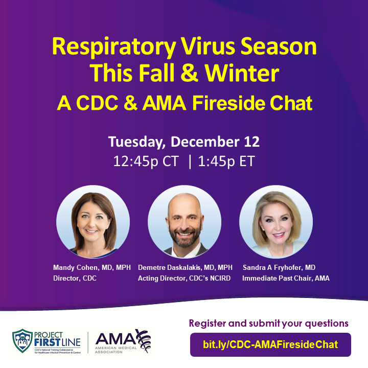 AmerMedicalAssn's tweet photo. Join @CDCDirector Dr. Mandy Cohen, @dr_demetre, &amp; @DrSandyFryhofer, AMA Board of Trustees Immediate Past Chair, for a discussion on #vaccinations and tools to keep everyone safer during this winter’s respiratory virus season. #WeAreFirstline https://t.co/bpOA7dljMd https://t.co/Ad451JI3dG