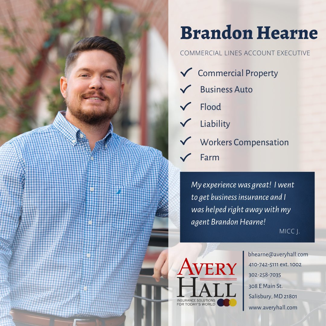 Our Avery Hall team member Brandon Hearne can assist you with your business and personal insurance needs. Contact Brandon at 410-742-5111 today for information on commercial property, business auto, flood, liability, workers comp, and farm coverage. #mdinsurance #deinsurance