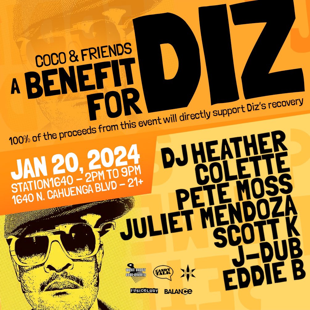 djcolette's tweet photo. I wanted to invite our LA family to an event we're throwing for our friend Diz. 

A bunch of us are playing on Jan 20th for a daytime boogie. 100% of the proceeds from this event will directly support Diz's recovery.

Hope you can join us! https://t.co/utIvgF2loS https://t.co/hPk6BUxq0h