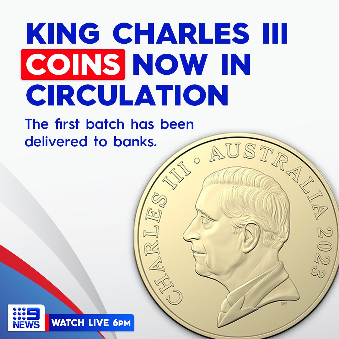 9NewsAUS's tweet photo. The first Aussie coins featuring King Charles have entered circulation, bringing new meaning to the phrase 'Cash is King'.

The first batch of 3.5 million $1 coins are expected to appear in cash registers across the country over the coming days.

DETAILS: https://t.co/8BBbncJ2wm

#9News