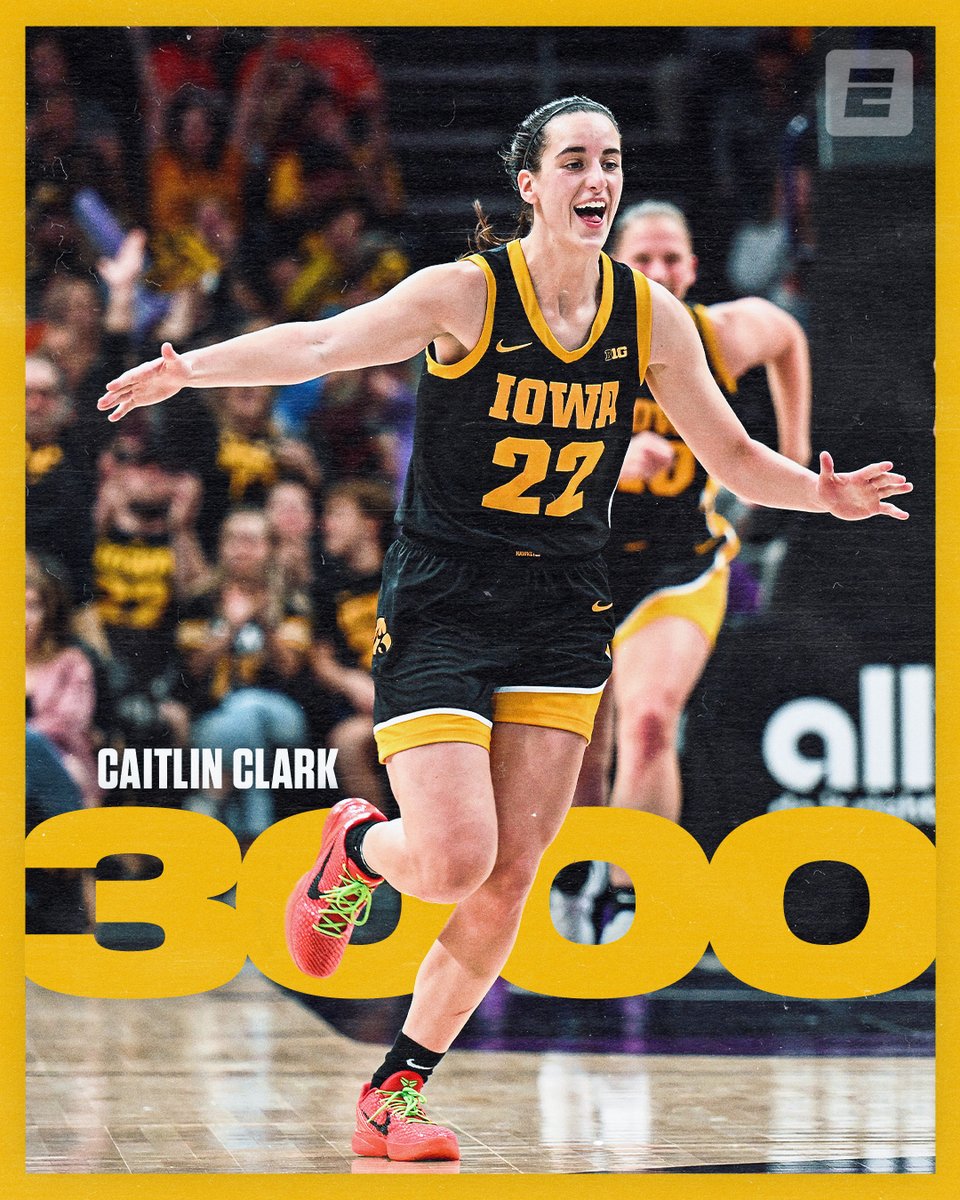 espn's tweet image. CAITLIN CLARK IS HER 👑

Clark becomes the first player in Division I history, women's or men's, with 3,000 points, 750 rebounds and 750 assists 🔥