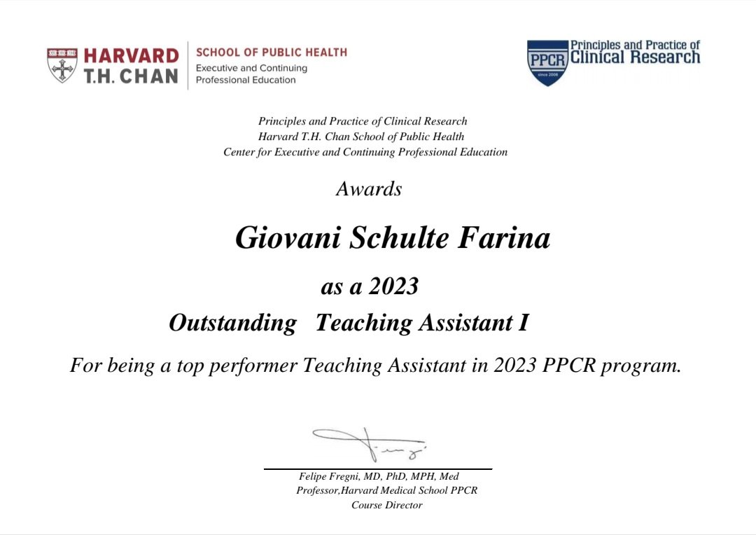 I am thrilled to receive this award from <a href="/PPCR_Course/">Clinical Research</a>! My special thanks to Prof <a href="/ffregni/">Felipe Fregni</a> and <a href="/Alma_SanchezMD/">Alma Sanchez</a> for all guidance and support during this journey as a TA! I highly appreciate the opportunity to spread clinical research knowledge and help students become researchers.