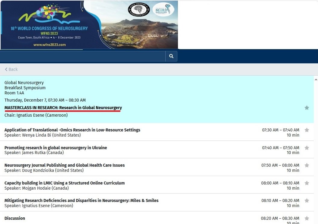 World Neurosurgery Congress 2023. Master Class in Global Neurosurgery Research starring @JamesRutka @DKondziolkaCNS. 7:30-8:30 @ Room 1.4 A @keepark @JNSPG_EIC @TheJNS @CNS_Update