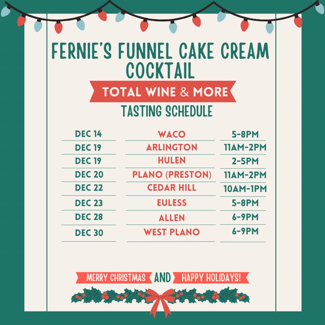 Come try some #FerniesFunnelCakeCream this December at participating <a href="/TotalWine/">Total Wine & More</a> stores across TX!