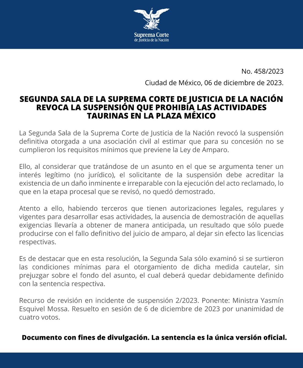 SCJN's tweet photo. Se revoca la suspensión de los espectáculos taurinos en la Plaza de Toros México: #SegundaSalaSCJN https://t.co/zjtqgidCyq https://t.co/yGrt5gJ8bp