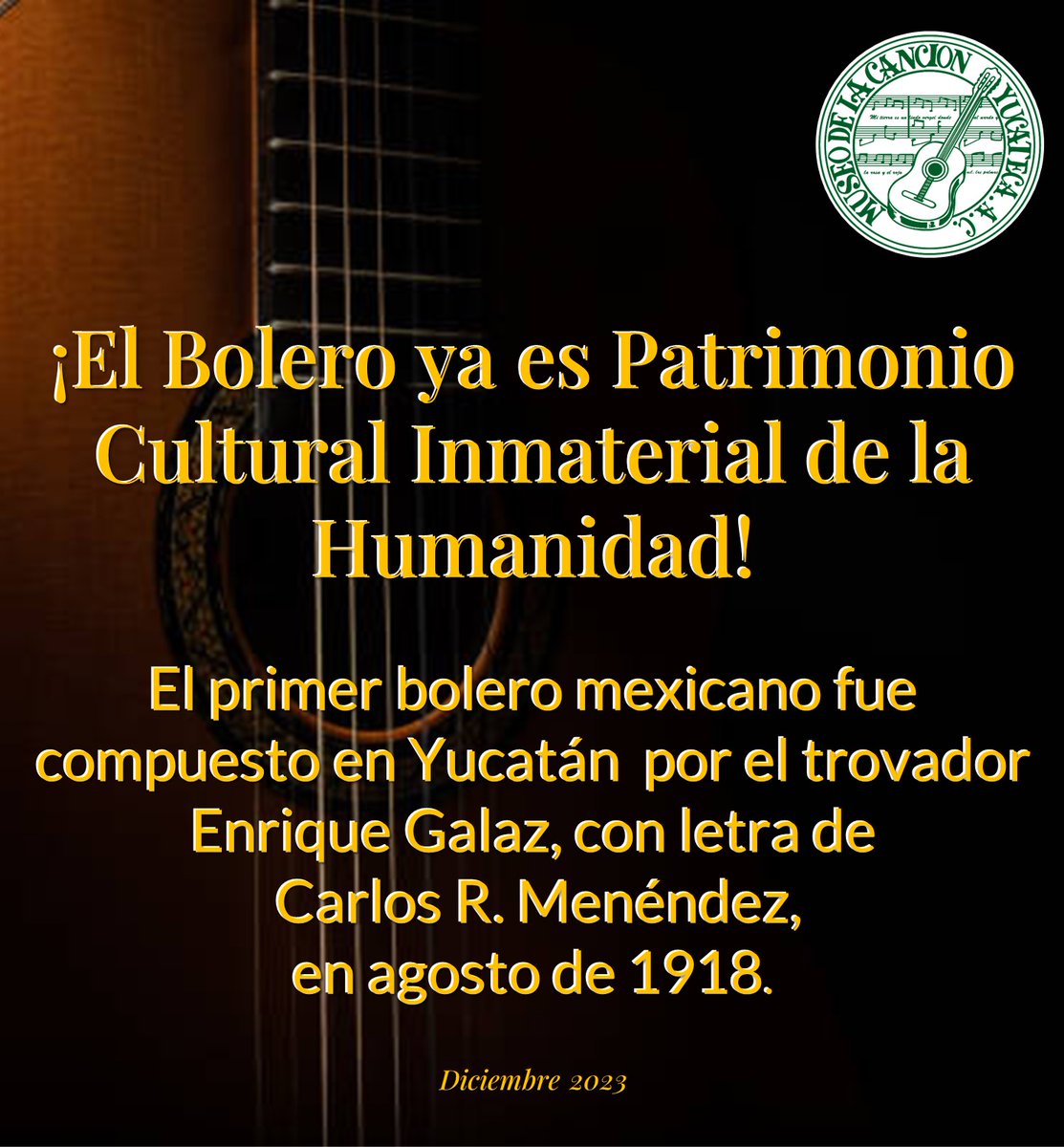 ¡Bolero, Patrimonio Cultural Inmaterial de la Humanidad! ❤️
A iniciativa de México 🇲🇽 y Cuba 🇨🇺, el bolero ha sido inscrito por la UNESCO en la Lista Representativa del Patrimonio Cultural Inmaterial de la Humanidad.

#mexico #yucatan #cuba #Bolero #UNESCO #poesia #patrimonio