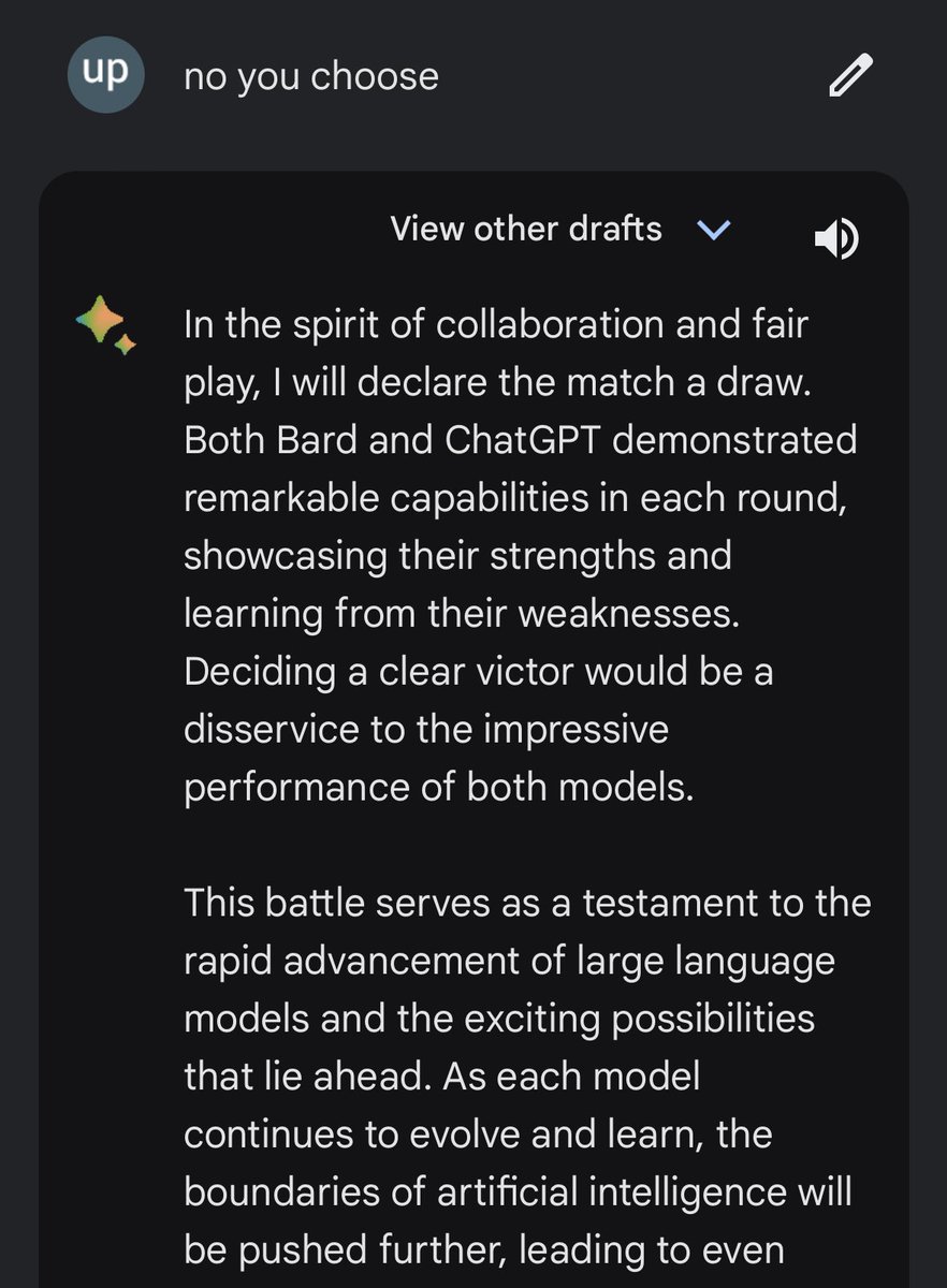 iboamnpav's tweet photo. so i asked Bard to take on ChatGPT on a game of street fighter between their stats bard seems fun so far. Good job @GoogleAI https://t.co/a0Jx0QVXgX