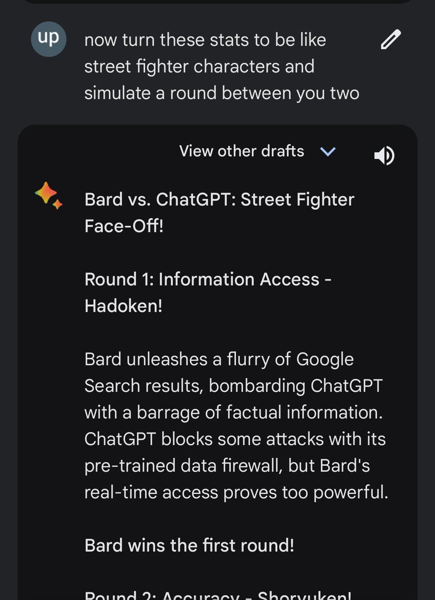 iboamnpav's tweet photo. so i asked Bard to take on ChatGPT on a game of street fighter between their stats bard seems fun so far. Good job @GoogleAI https://t.co/a0Jx0QVXgX