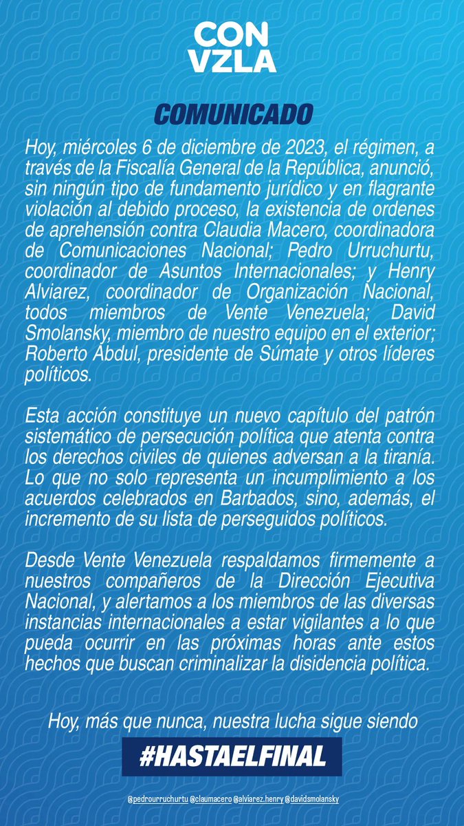 🔵 COMUNICADO | <a href="/VenteVenezuela/">Vente Venezuela</a> condena persecución del régimen a miembros de la Dirección Nacional.

¡Estamos con ustedes <a href="/HenryAlviarez/">Henry Alviarez Alviarez</a>, <a href="/Urruchurtu/">Pedro Urruchurtu Noselli</a> y <a href="/claumacero/">Claudia Macero</a>! #HastaElFinal 🇻🇪

   📲 tinyurl.com/4m42a8ek