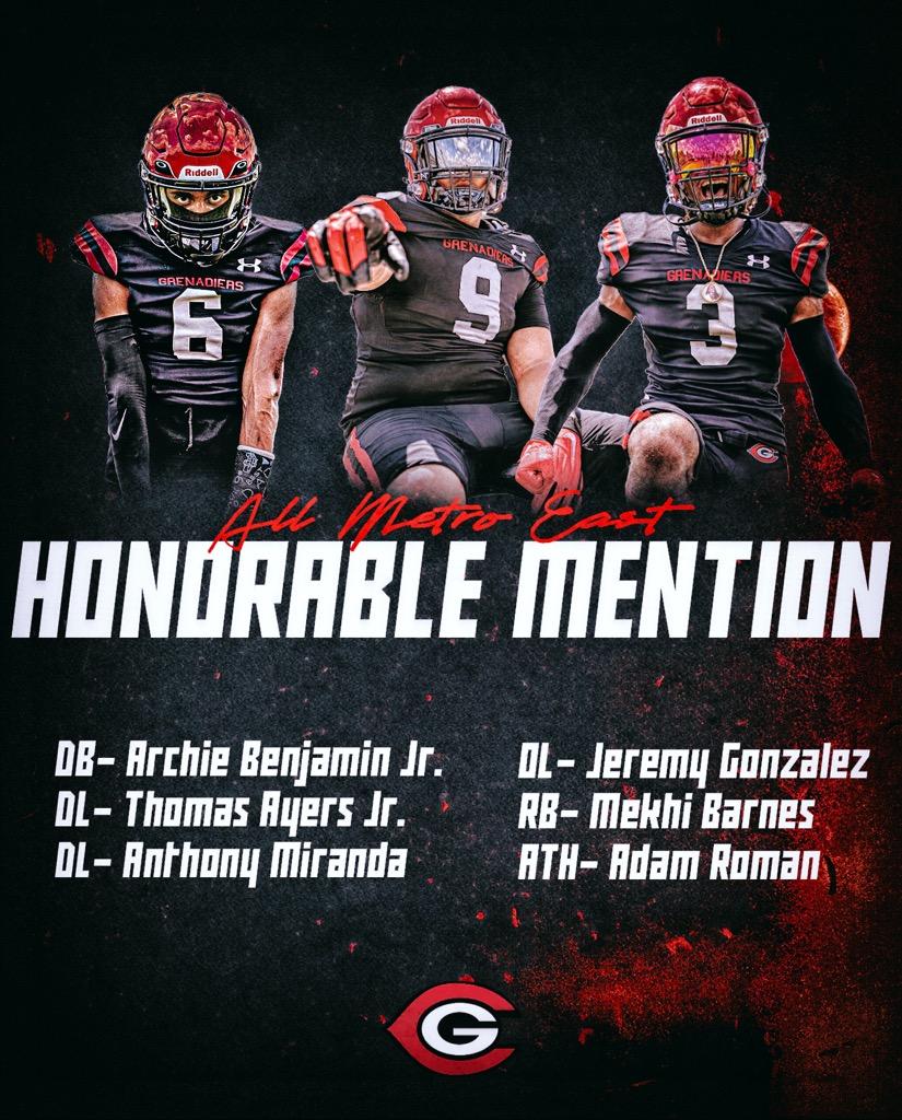 Colonial Grenadier Football (@grenadierfb) on Twitter photo Congratulations to <a href="/JomariJ_8/">Jomari John</a> for being named 1st team All-Metro East! Congratulations to <a href="/archiebenjamin_/">Archie Benjamin Jr</a> <a href="/ThomasAyers123/">Thomas ayers</a> <a href="/JeremyG55/">Jeremy Gonzalez</a> <a href="/YungKingKhi1/">Mekhi Barnes</a> <a href="/itsnot_6ix/">Adam Roman</a> and Anthony Miranda for being named honorable mention. Congratulations to <a href="/JomariJ_8/">Jomari John</a> for being named 1st team All-Metro East! Congratulations to <a href="/archiebenjamin_/">Archie Benjamin Jr</a> <a href="/ThomasAyers123/">Thomas ayers</a> <a href="/JeremyG55/">Jeremy Gonzalez</a> <a href="/YungKingKhi1/">Mekhi Barnes</a> <a href="/itsnot_6ix/">Adam Roman</a> and Anthony Miranda for being named honorable mention.