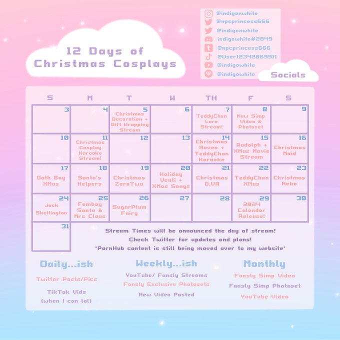 ☁️ December Schedule 💕 Website: https://t.co/vOcLvH0RDW Tiktok: https://t.co/B9TC0pmVME SFW: @indigoxwhite Insta: