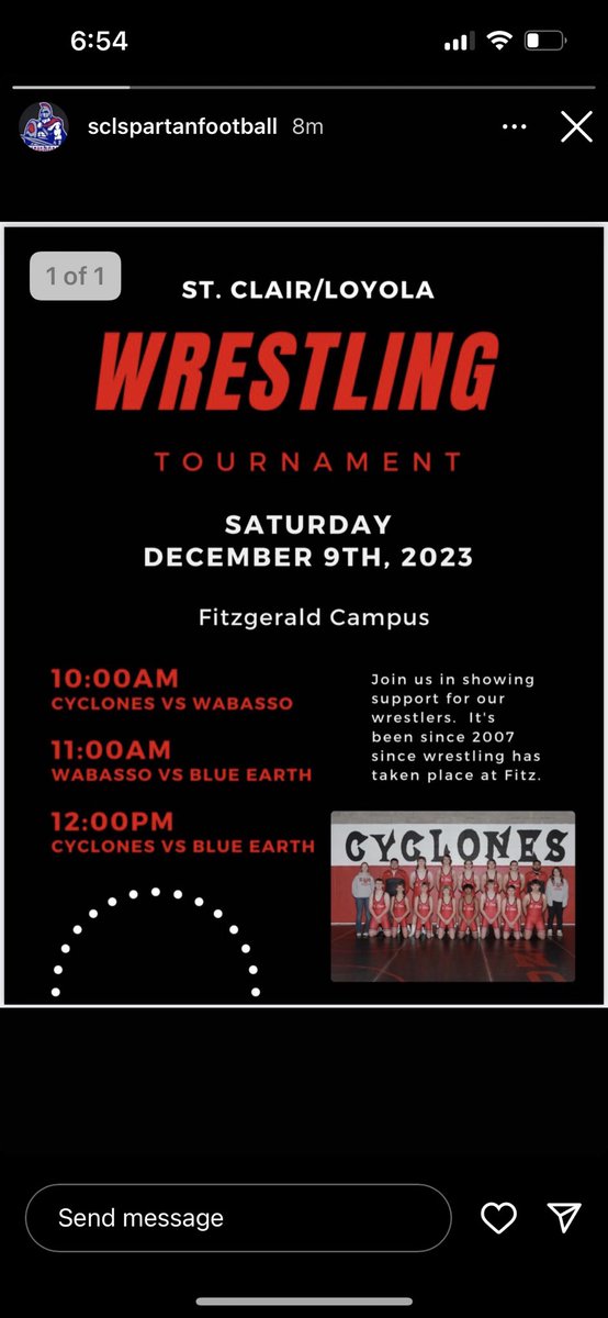 Wrestling at Fitz⁉️

Yes you heard that right❗️

🔴We are hosting a Triangular on Saturday at Fitz for the first time since 2007⚫️

Make your way to Fitzgerald Gymnasium and cheer on The St. Clair/Loyola Cyclones as they take on Wabasso and Blue Earth on Saturday‼️