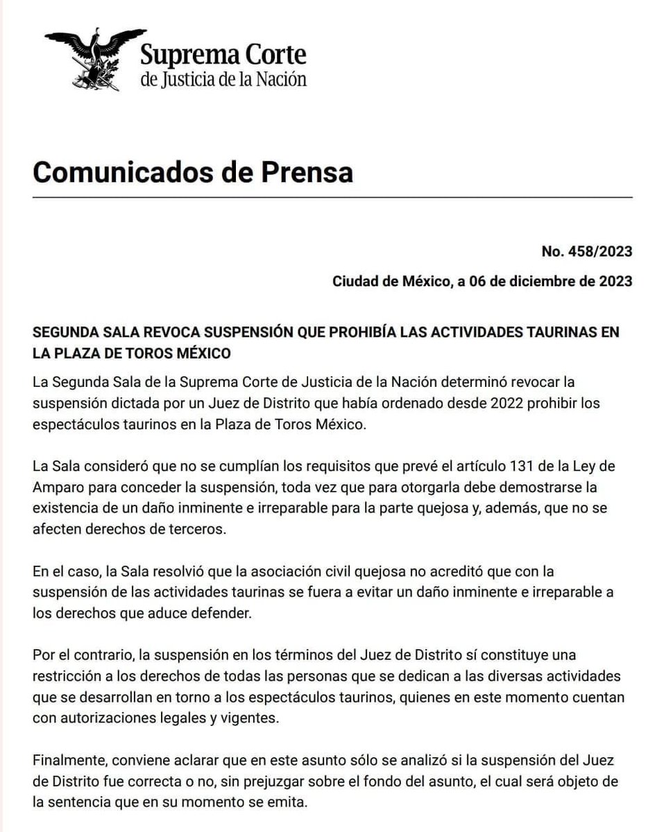 Segunda Sala de la ⁦<a href="/SCJN/">Suprema Corte</a>⁩ revoca la suspensión de las actividades taurinas en la Plaza México