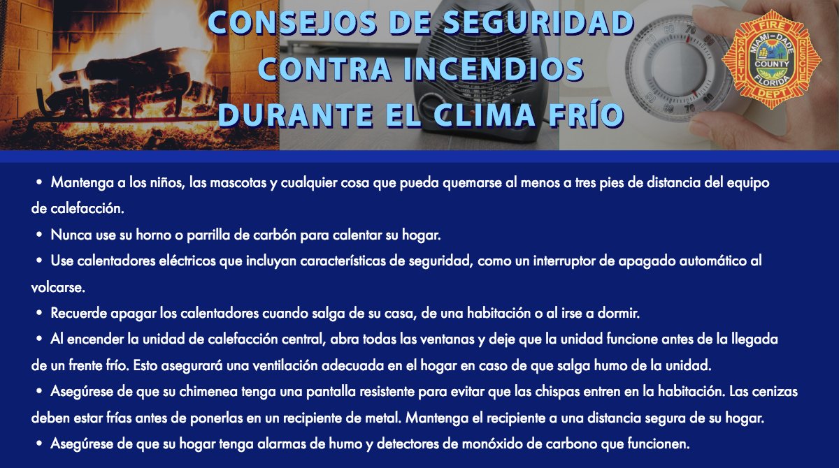 MiamiDadeFire's tweet image. #MDFREnEspañol: A medida que las temperaturas bajan, les queremos recordar que resguardarse de frío es importante, pero saber cómo hacerlo de manera segura puede prevenir accidentes. Tenga en cuenta estos consejos para mantenerse seguro y cálido.  #MDFRSafety