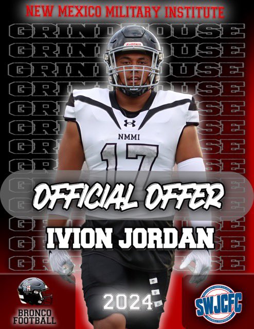 Ivion Jordan (@ivion9) on Twitter photo After a great conversation with <a href="/CoachTaufaasau/">Kurt Taufa’asau</a> I’m blessed to receive a offer from <a href="/nmmibroncos/">NMMI Football</a> After a great conversation with <a href="/CoachTaufaasau/">Kurt Taufa’asau</a> I’m blessed to receive a offer from <a href="/nmmibroncos/">NMMI Football</a>
