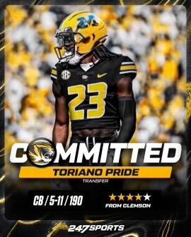 SWiltfong_'s tweet photo. BREAKING: 247Sports No. 1 CB in the transfer portal in former Clemson player Toriano Pride has committed to #Mizzou. 

"They're getting a kid with NFL ability," 247Sports' College Football Analyst @CoachReedLive  said. He was also Pride's high school coach through his junior year. "He's going to be able to step in and start immediately, and they get a local hometown legend that's coming home."

Story: https://t.co/qteNvjNuJp