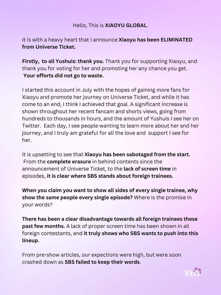 XIAOYUGLOBAL's tweet photo. A letter from XIAOYU GLOBAL, to Yushuis and Xiaoyu. Please read entirely. 

#샤오위 #XIAOYU 
#유니버스티켓 #universeticket
#SBS #fnfentertainment https://t.co/zbqD1jlhEG