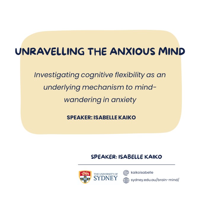 Excited to be hosting today's <a href="/UWA_CARE/">UWA CARE</a> colloquium presentation from guest speaker, <a href="/KaikoIsabelle/">Isabelle Kaiko, PhD</a>, on their PhD research into the roles of cognitive flexibility and mind-wandering in anxiety!