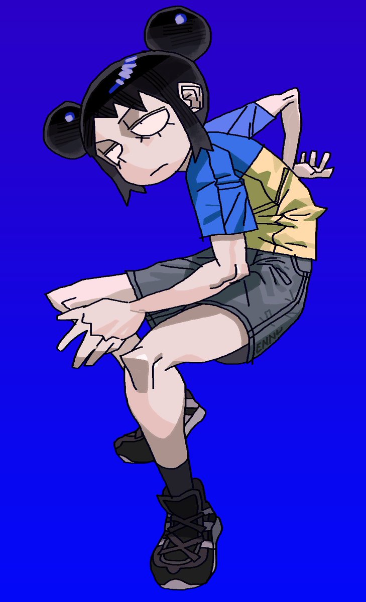 solo 1girl shorts shirt black hair simple background blue background  illustration images