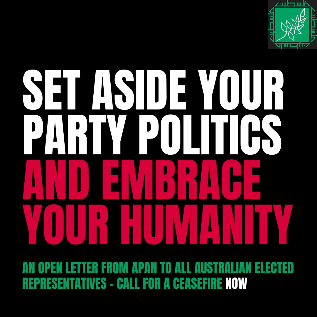 APAN4Palestine's tweet photo. This morning we sent an open letter to every elected representative across the continent, urging them to set aside their party politics, embrace their humanity and publicly call for an immediate and permanent ceasefire in Gaza.

Read our letter here - https://t.co/bPWGEXxUXV https://t.co/qvLbjAHoZR