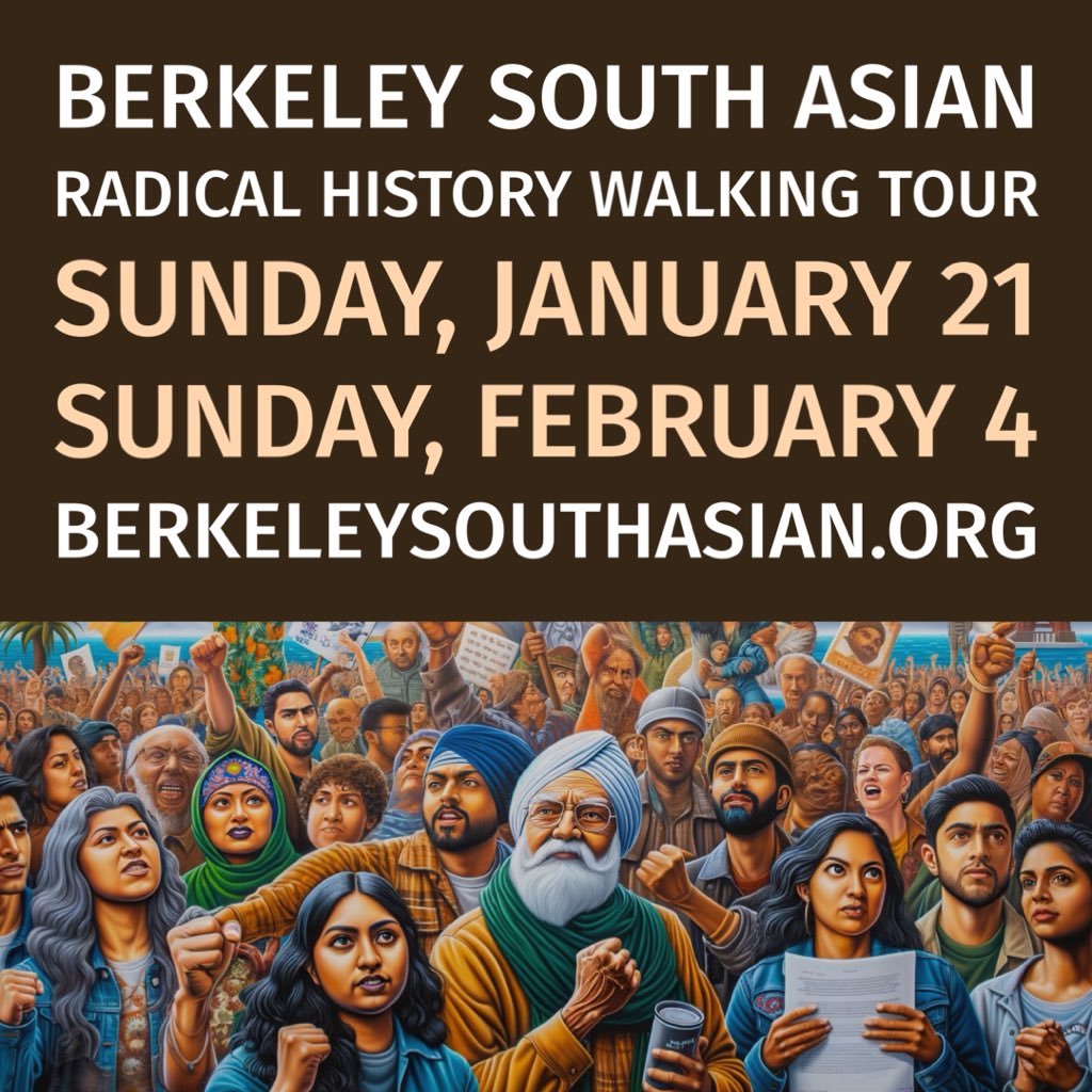 Please come join us on the Berkeley South Asian Radical History Walking Tour on Sunday, January 21 and Sunday, February 4, 2024! You'll discover stories of four generations of South Asian activism, and go deep into the histories we were never taught in school. Link below 👇🏽