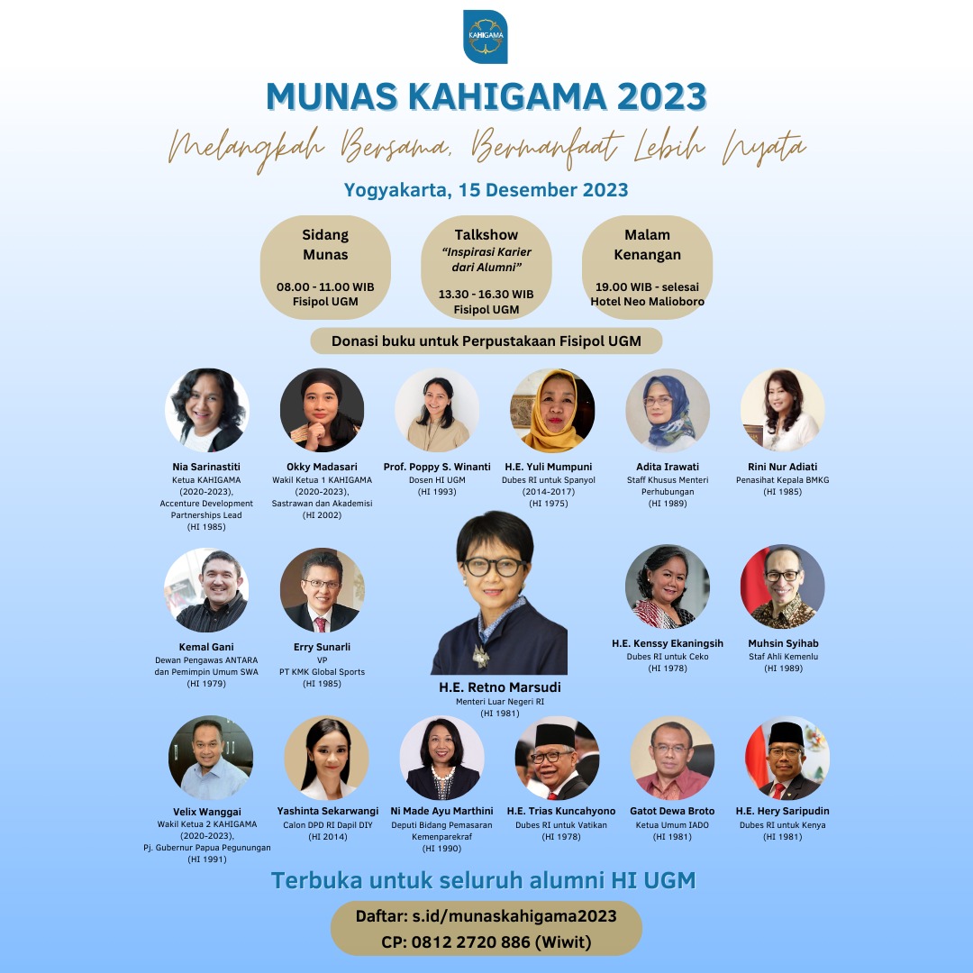 Ayo jadi bagian dalam suksesnya Munas KAHIGAMA tgl 15 Desember 2023.

Kapan lagi namamu dan angkatanmu nampang bersama mas/mbak yg keren2 ini. 

Cuss.. Cek CP berikut utk info lebih lanjut: +6281399333877 (Chondro). 

Munas KAHIGAMA: Melangkah Bersama, Bermanfaat Lebih Nyata