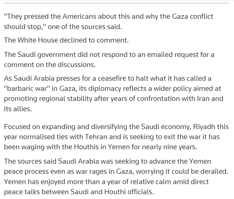 justfp's tweet photo. Saudis continue to be more focused on peace in Yemen than the Biden Admin:

In response to Yemen's military attacks, Riyadh "pressed the Americans" with a "message of restraint," emphasizing "why the Gaza conflict should stop," which "reflects a wider [Saudi] policy aimed at promoting regional stability" 

per @Reuters' @Elyaakoubi & @PHREUTERS 

https://t.co/O8OSDHwRCq