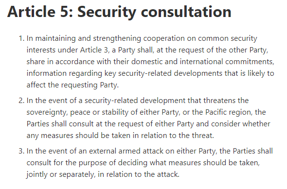 Key excerpts of the new Australia-PNG security agreement, at first glance. They've agreed if there is a 'security-related development' that threatens either country 'or the Pacific region' they shall 'consult' at request, and 'consider whether any measures should be taken' 1/