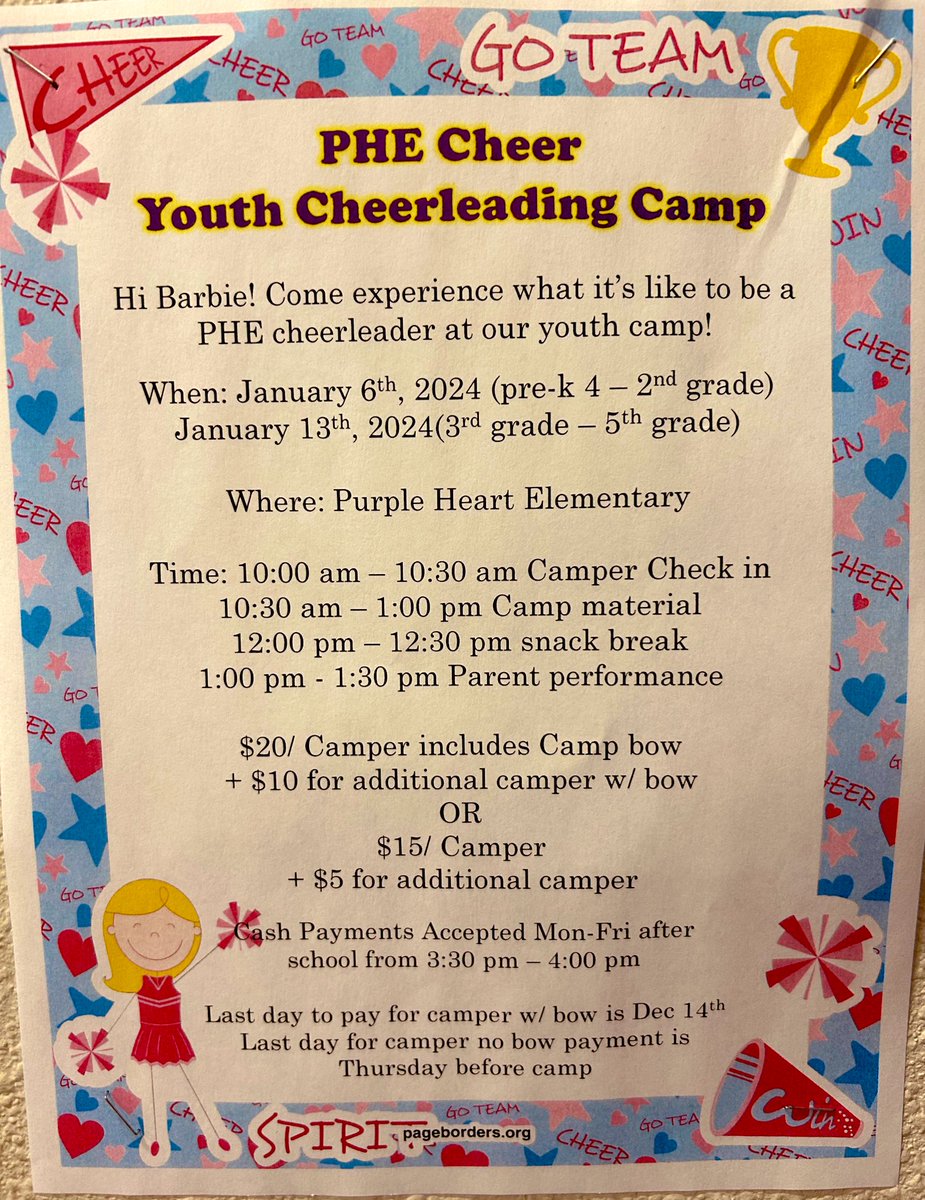 MonicaChavez005's tweet photo. Come on Barbie let’s go CHEER! 📣 

Calling all Heroes 💜💛 Come join our first PHE cheer camp! Please see the front office after school! #Wehavespirit #PHEHeroes @PurpleHeart_ES https://t.co/oDLR7aSRgh