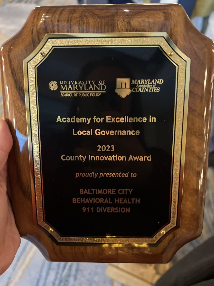 MayorBMScott's tweet photo. Congrats to Baltimore’s 9-1-1 diversion program! 

Tonight our team that led the way on implementing our behavioral health diversion program accepted the “County Innovation Award” from @MDCounties. https://t.co/VO3IsfTM9e