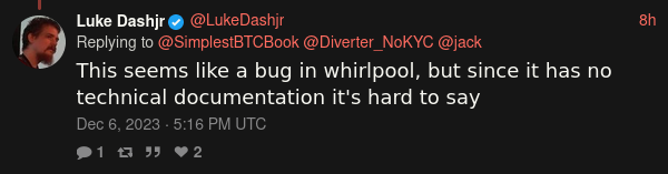 Luke is claiming that Whirlpool transactions are 'bugged' and create non standard transactions due to a 46 byte OP_RETURN present in Whirlpool Tx0 transactions. This is a lie. He knows it is a lie. The OP_RETURN limit has been 80 bytes since Bitcoin Core version 0.12