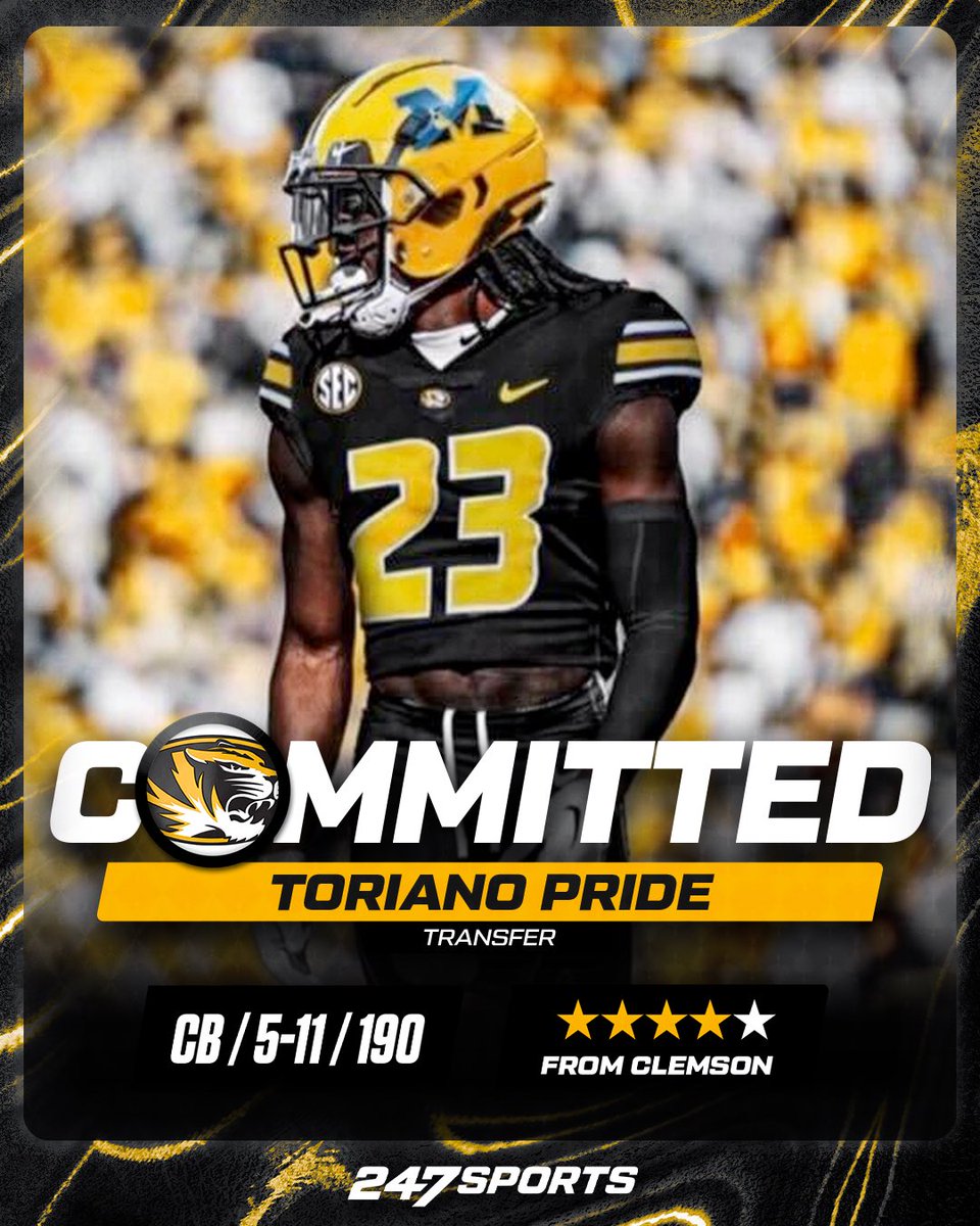 BREAKING: 247Sports No. 1 CB in the transfer portal in former Clemson player Toriano Pride has committed to #Mizzou. 

247sports.com/Article/missou…