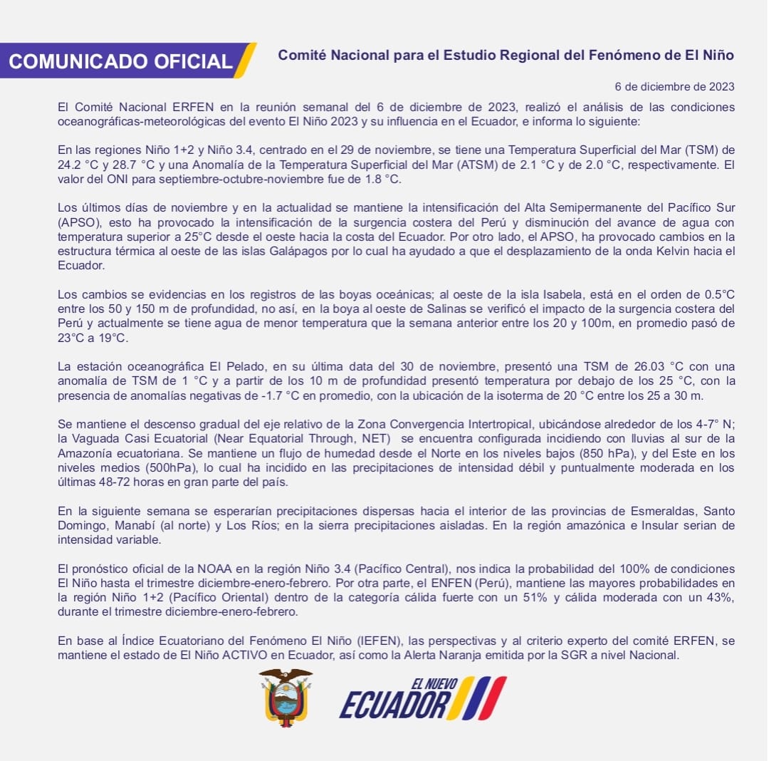 inocarec's tweet photo. El Comité #Erfen, informa que para la siguiente semana se esperarían precipitaciones dispersas hacia el interior de Esmeraldas, Santo Domingo, Manabí (al norte) y Los Ríos; en la sierra precipitaciones aisladas. 

En la región amazónica e Insular serian de intensidad variable. https://t.co/GUYbUlbqTR