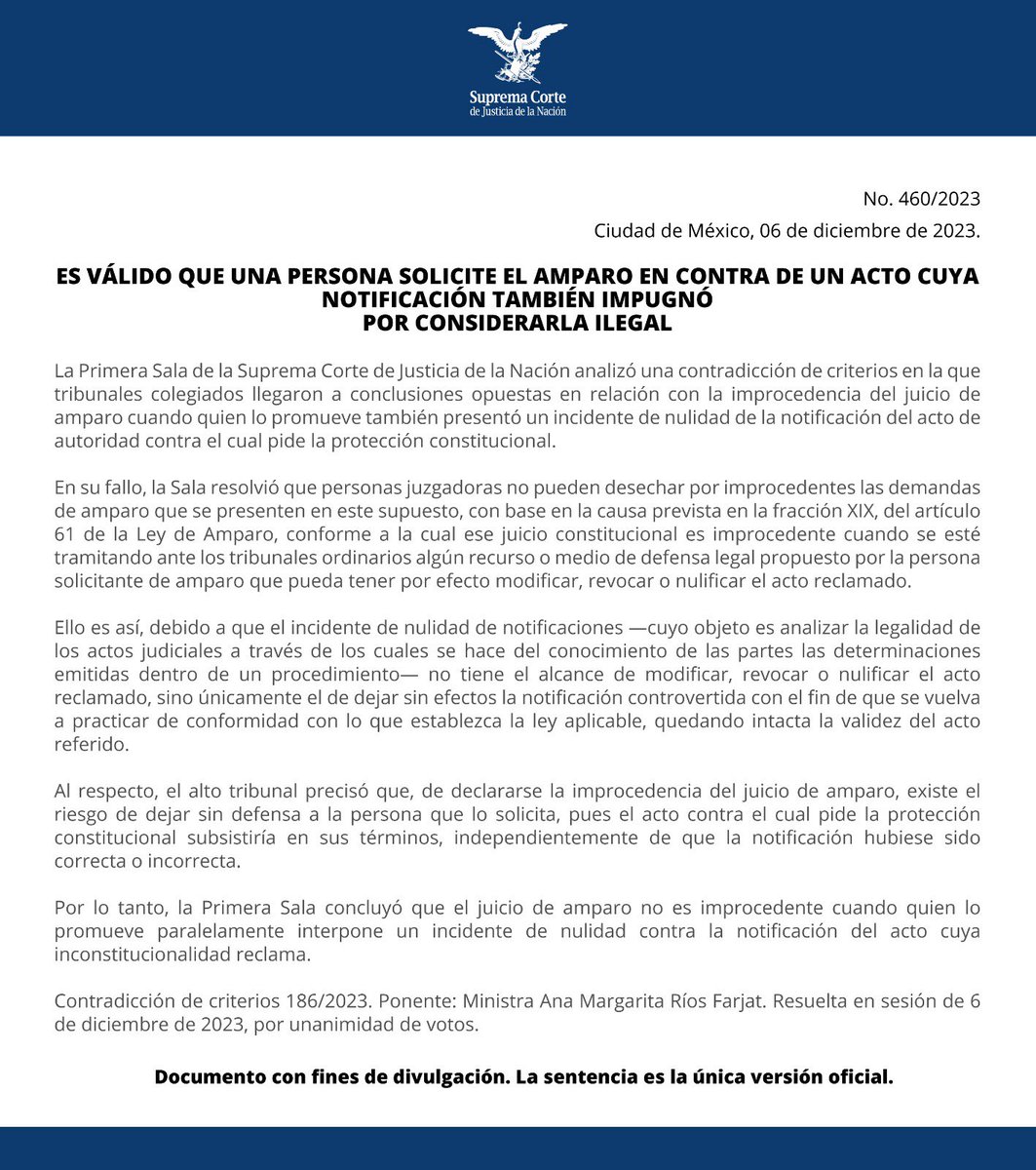 SCJN's tweet photo. La #PrimeraSalaSCJN determinó que es válido que una persona solicite el amparo en contra de un acto cuya notificación también impugnó por considerarla ilegal. https://t.co/SM0C0sLx0v https://t.co/pvhlTgLbAp