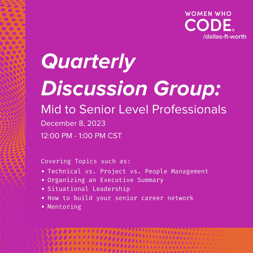 Join <a href="/emilycritter/">Emily Ritter</a> &amp; Hadia Shafique this 𝗙𝗥𝗜𝗗𝗔𝗬 online for the Quarterly Discussion Group!

𝗡𝗲𝘄 𝗧𝗶𝗺𝗲 12:00 PM CST

Get together with peers to talk about our work, challenges, wins, and next steps!

RSVP meetup.com/women-who-code…

#womenwhocode #careergrowth #careernav