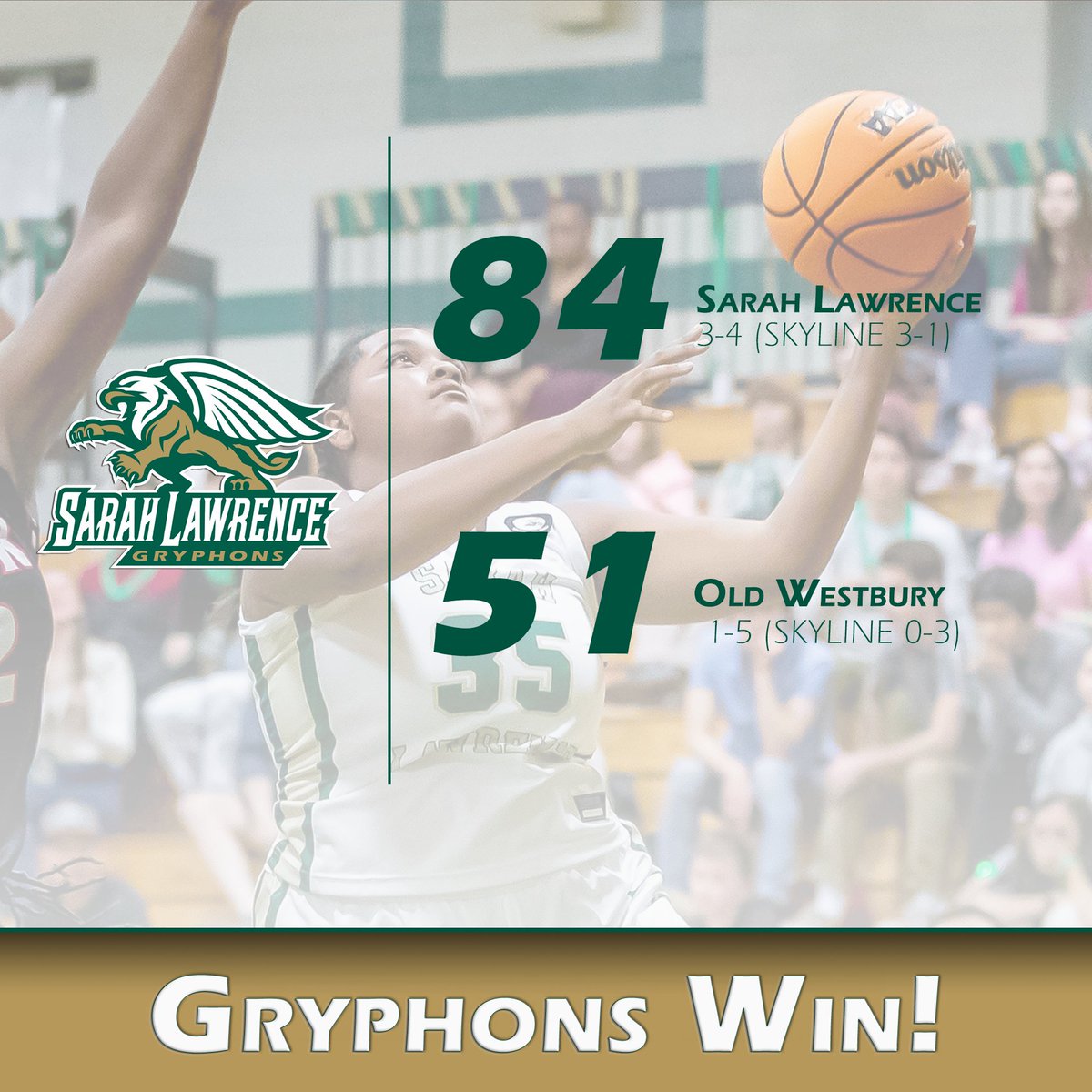 SLCGryphons's tweet photo. GRYPHONS WIN!

@GryphonsWBB defeats Old Westbury 84-51 to move to 3-1 in Skyline play

🏀 Anderson-Strawder 25 PTS + 3 STL
🏀 Dorch 23 PTS + 9 REB
🏀 Haymore 20 PTS + 14 REB
🏀 Coughlin 10 PTS + 10 AST + 8 REB

Up Next: Sat. 12/9 @ MSMC 1 PM

#StrengthAndIntelligence
#GoGryphons https://t.co/c3R7qeoX0B