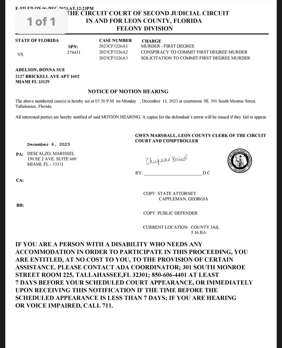pattyradio93's tweet photo. Looks like the arraignment was moved to 12/11 at 3:30 
The emergency motion hearing is the same time 

#donnaadelson 
#justicefordan 
#charlieadelson
#twoleft #whereisharvey https://t.co/lVRfQR7TK2