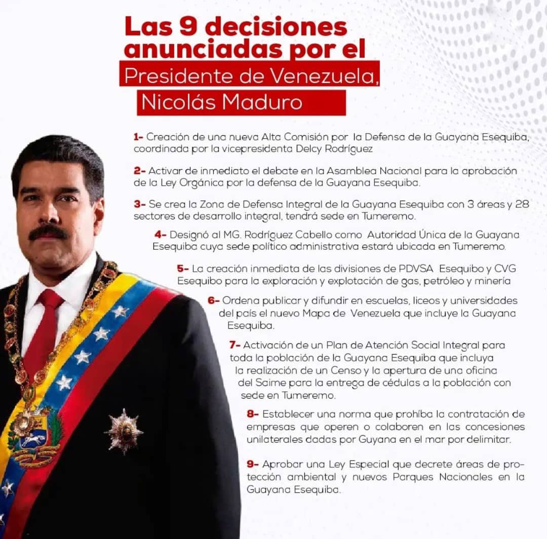 El presidente  <a href="/NicolasMaduro/">Nicolás Maduro</a>  anunció las 9 Acciones estratégicas aprobadas por el pueblo venezolano en defensa de los derechos históricos sobre la Guayana Esequiba. 🇻🇪
#EsteEsMiMapa
#VinculanteYVamosPalante
