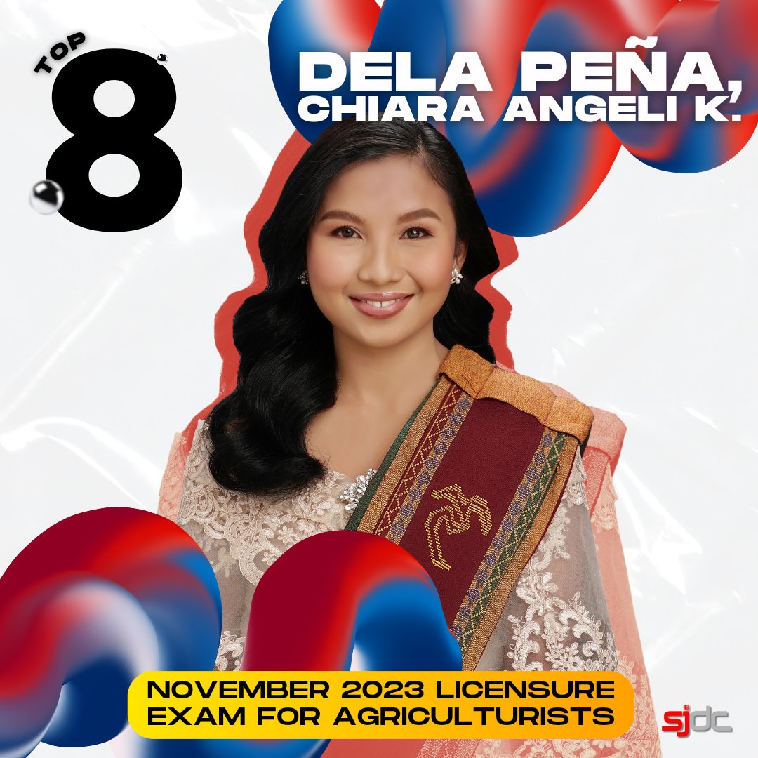 uplbSJDC's tweet photo. We would like to extend our warmest congratulations to our alumna, Chiara Angeli K. Dela PeΓ±a for making waves in the recent Agriculturist Licensure Exam and scoring 8TH highest in the batch! π
(1/2)
#UPLBSJDC #SJDC25thAnniversary
#CreateTheCurrent #MakeWaves https://t.co/VwP76D33dX
