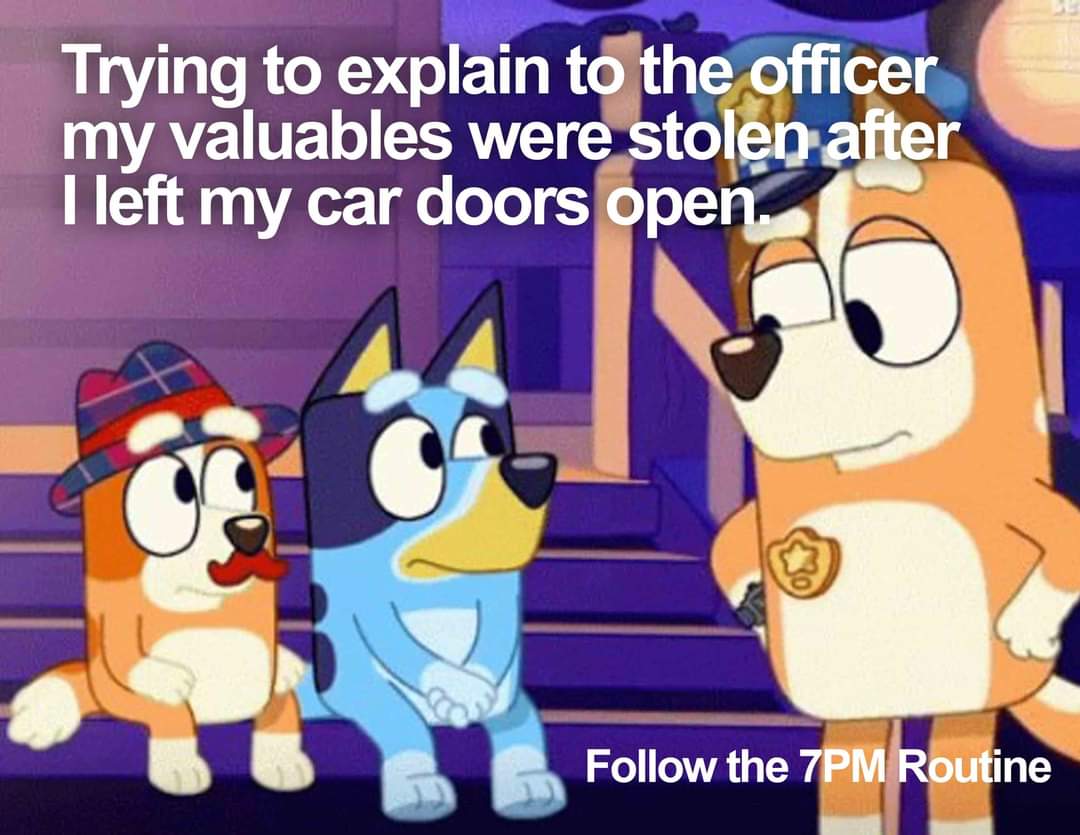 It’s 7PM! ⏰ Sadly, criminals don’t care what we think and will look for any easy opportunity they can take advantage of. Lock your doors and secure valuables inside of your residence . Remove: purses, firearms, wallets, etc.