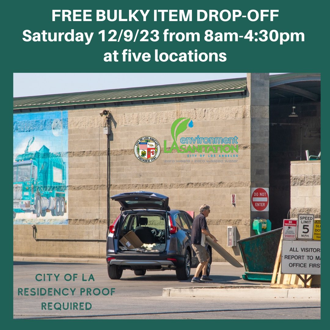 LACitySAN's tweet photo. Save yourself the time, trouble, and cost of going to the #landfill! Drop off your #bulkyitems with us #FREE this #Saturday at one of five locations around @LACity.
https://t.co/t0aq7i6C4t
(link in bio)
#share #like #pollutionprevention #blightprevention #losangeles #linkinbio https://t.co/a5uajff94F