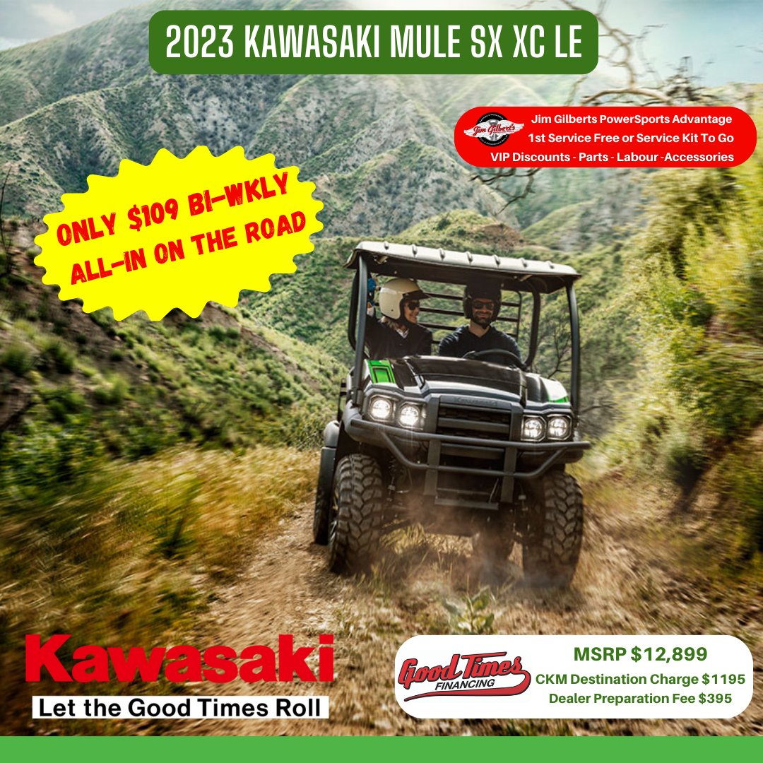WheelsandDeals's tweet photo. Don't miss your chance to own the Kawasaki MULE SX XC LE and save big with our limited time offer - only $109 bi-weekly all in plus $300 MegaCash savings! #JimGilberts #BeHuggable #Kawasaki https://t.co/DHWuKZPwwO