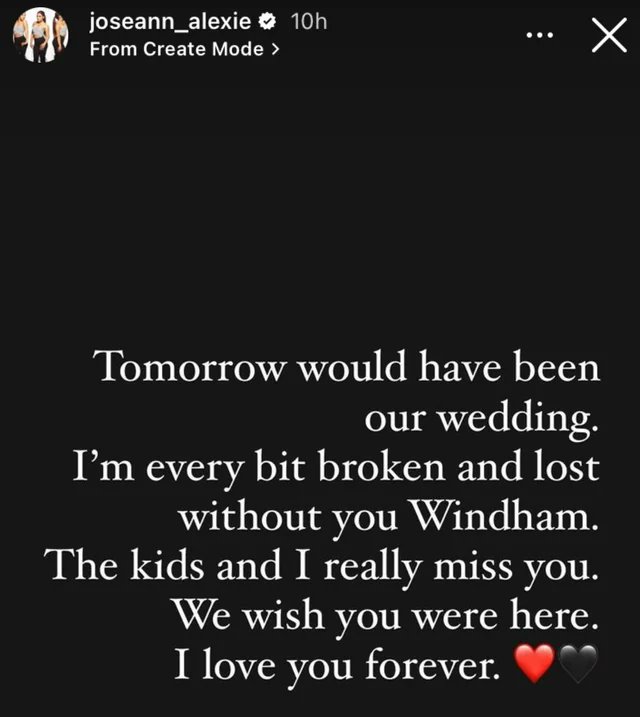 BrutusMaximusX's tweet image. #BrayWyatt  #WyattFamily 
JoJo Offerman posts that December 6th 2023 would’ve been her and Windham’s wedding day.