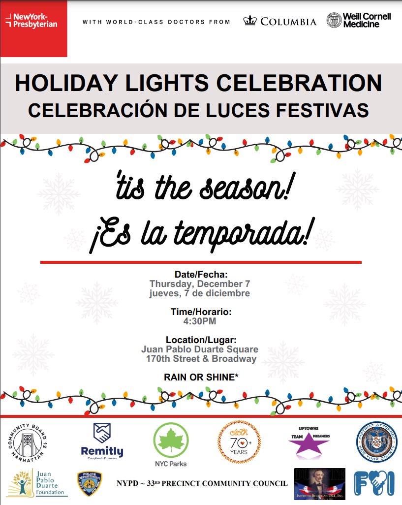 Uptown Tomorrow: Holiday Lights Celebration Come out to Juan Pablo Duarte Square (170th & Broadway) tomorrow, Thursday, December 7 at 4:30 pm for the awesome Holiday Lights Celebration. #NoMAA #NoMAAGallery #UptownArt #UptownLove #WashingtonHeights #Harlem #Inwood #InTheHeights