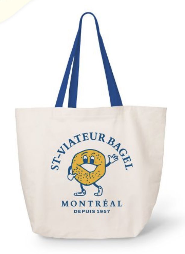 noah_adams's tweet photo. in canadian fashion, the ll bean boat and tote bag is replaced by the st. viateur bagel bag. no monogramming is available, but it has a sick cartoon bagel on it, and it costs less than $15 https://t.co/8bW8oE31Ns