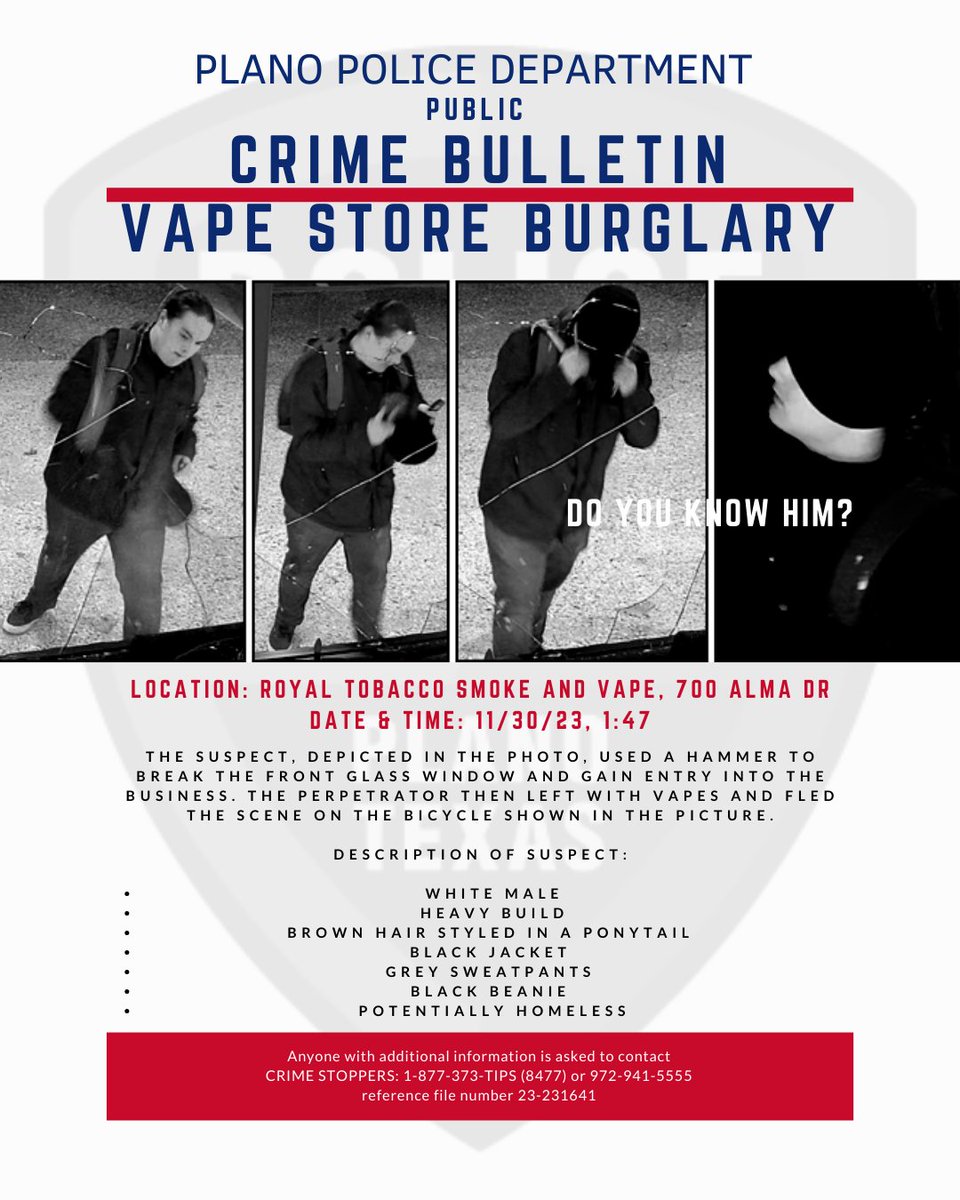 VAPE STORE BURGLARY Royal Tobacco Smoke and Vape, 700 Alma Dr Date & Time:  11/30/23, 1:47 The suspect used a hammer to break the front glass window  and gain entry into the
