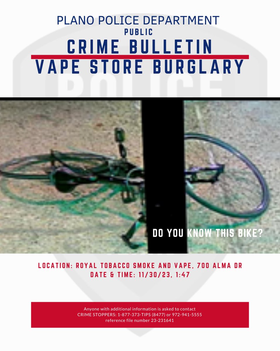 VAPE STORE BURGLARY Royal Tobacco Smoke and Vape, 700 Alma Dr Date & Time:  11/30/23, 1:47 The suspect used a hammer to break the front glass window  and gain entry into the