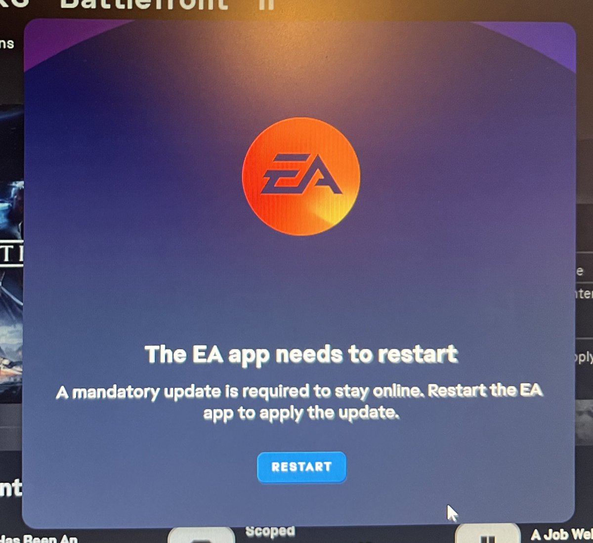 Mac84tv's tweet photo. In the middle of a damn online game my screen goes black, the app quits - and this BS pops up… really @EAHelp ???
Absolutely the worst!
#PoorUX https://t.co/hhd1JU6BUE