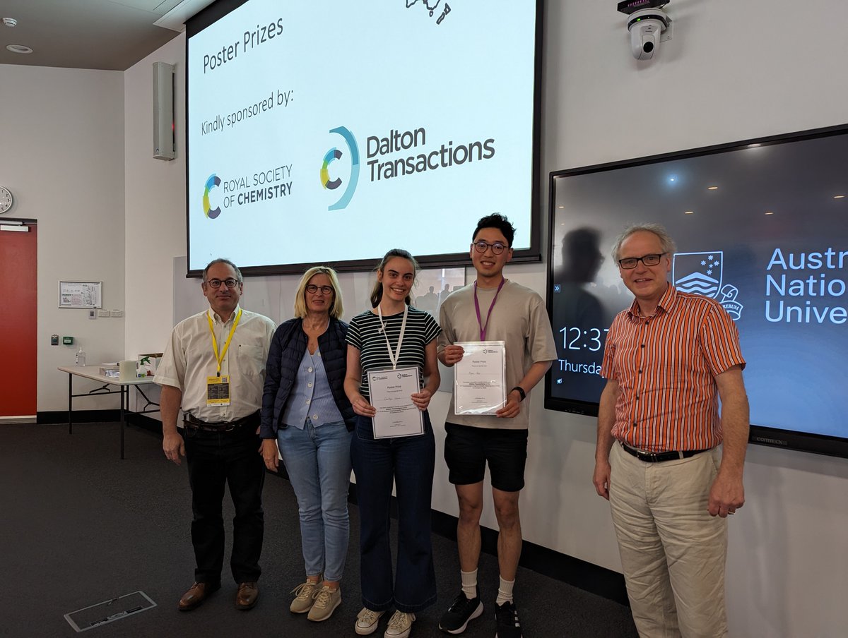 Congratulations to poster prize winners Marcus Sceney, Caitlyn Whan and Ryan Huo! Thanks to <a href="/DaltonTrans/">DaltonTransactions</a> for sponsoring the poster prizes!
#OZOM14 <a href="/RACI_Inorganic/">RACI Inorganic Chemistry Division</a> <a href="/ANUChemistry/">ANU Research School of Chemistry</a>